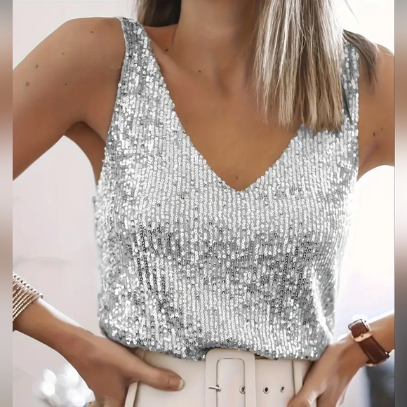 Tops - Sequined V Neck Tank Top
